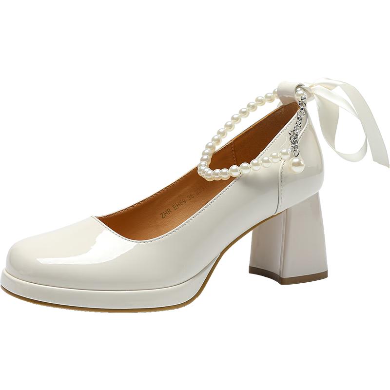 ZHR Sweet Pearl Mirror Finish Mary Jane High Heels 36