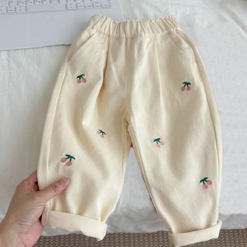 Girls Casual Pants Autumn Cherry Sweet Embroidery Loose Autumn Outfit for Girls Stylish Baby Girl Pants Spring