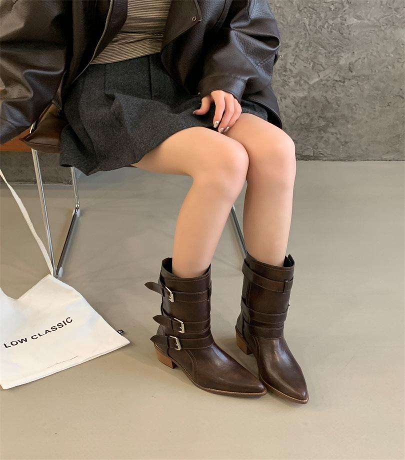 2025 autumn and winter new thick heel western boots retro belt buckle knight boots brown medium boots women's boots locomotive boots