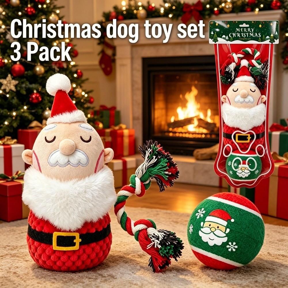 3pcs Xmas Tree Pet Chew Toy Ball Christmas Santa Pet Toy Festive Puppy Biting Toy Large Dogs