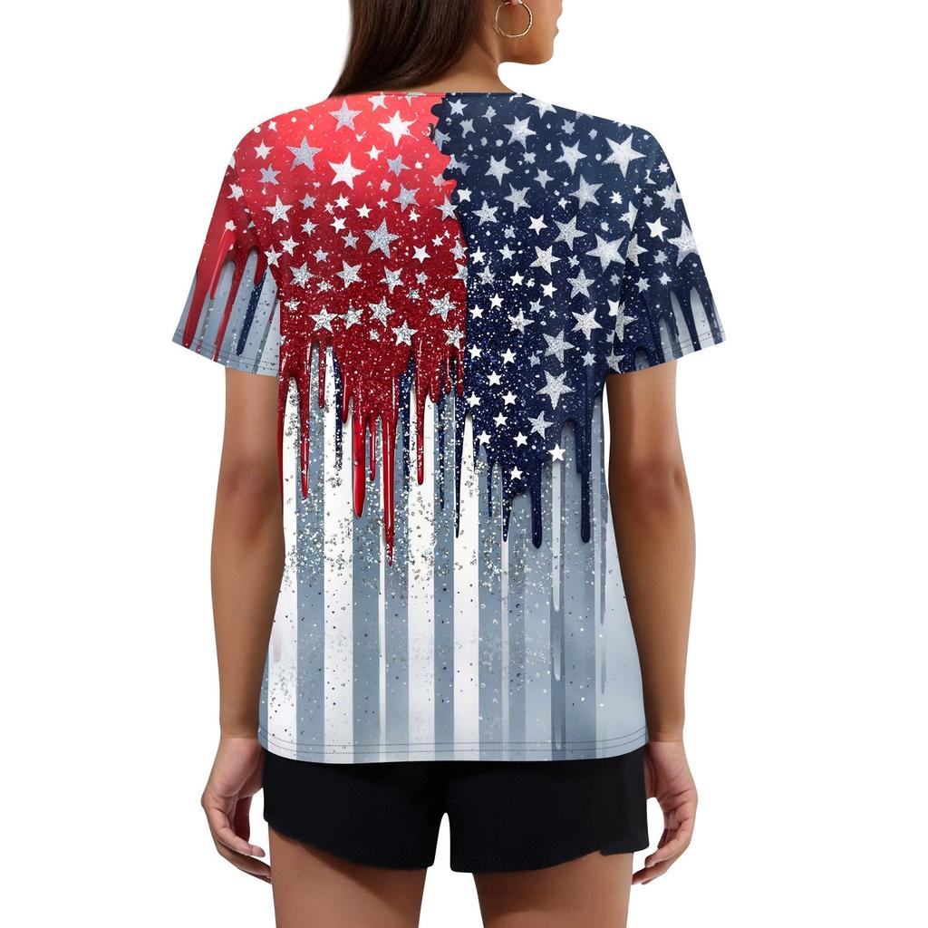 Damen-T-Shirt mit Aufdruck „Unabhängigkeitstag“ und Knopfleiste, kurzärmelig, für den Alltag und das Wochenende, modisch, Basic, V-Ausschnitt, normales Oberteil