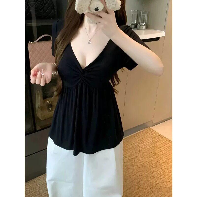Pure desire Korean V-neck kinked short-sleeved T-shirt women's summer design sense slim body covering meat and thin temperament Spice girl top