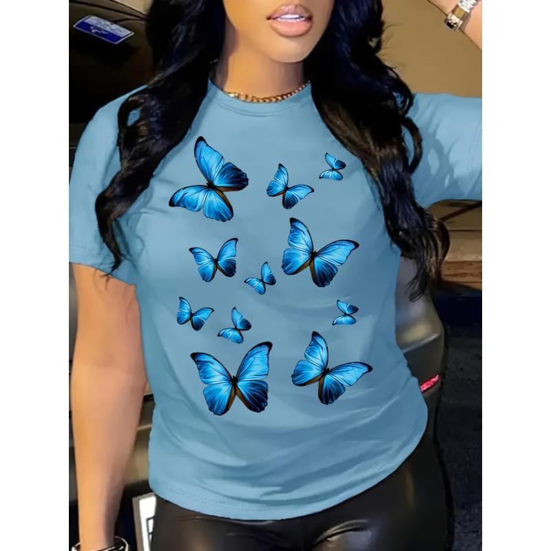 Butterfly Print Fashion Casual Short Sleeve Round Neck Women's T-Shirt