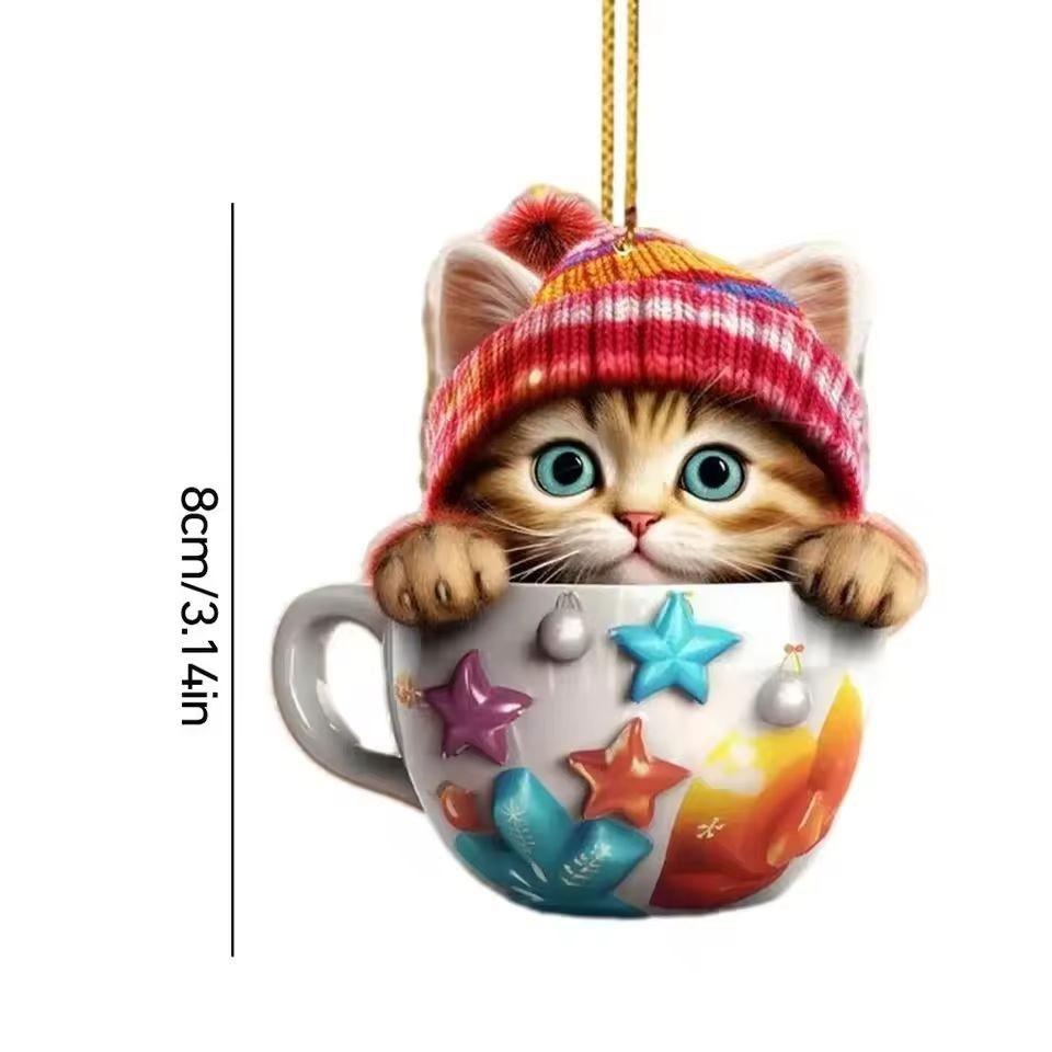 Tea Cute Cartoon Cup Cat Pattern Acrylic Pendant For Christmas Tree Decoration
