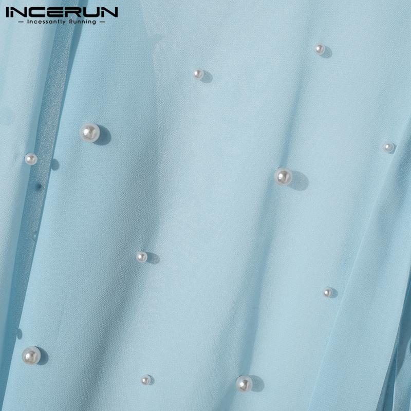 INCERUN Men Lace Up Neck Pearl Decoration Mesh Long Sleeve T-shirts Tops