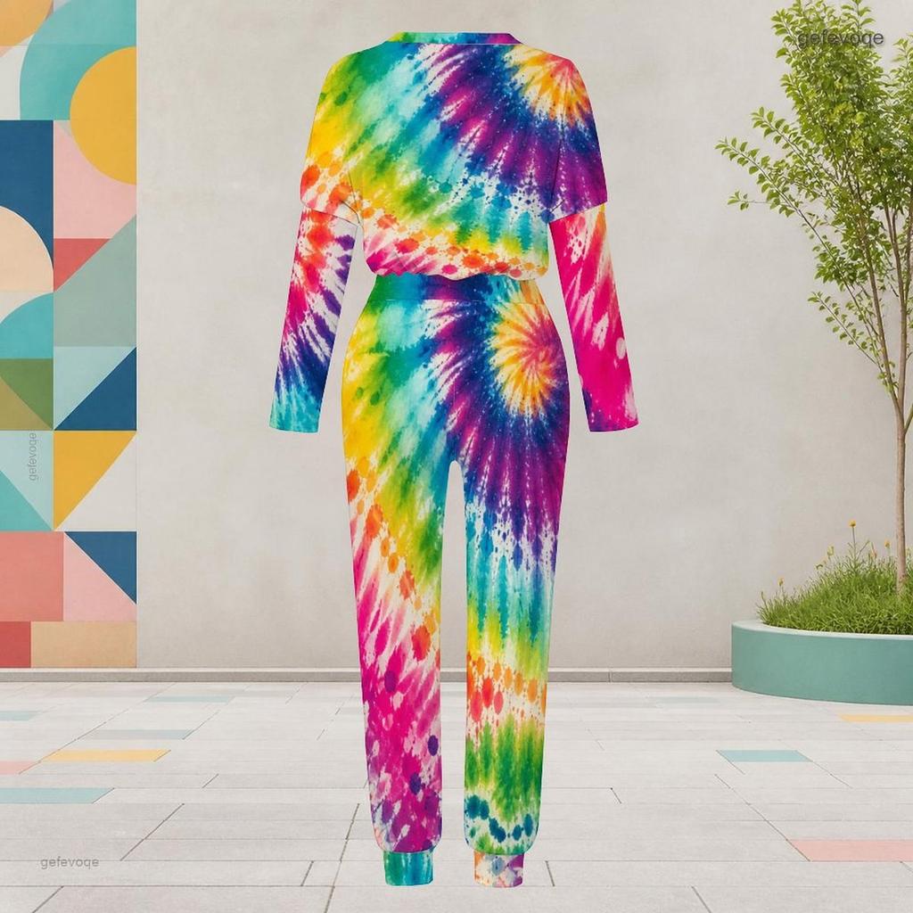 Damen Übergröße Tie-Dye-Print Rundhals Langarm Bündchen Zweiteiliges Hosen-Set Mit Taschen
