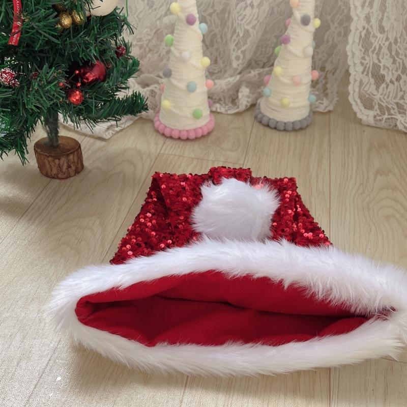Adult Santa Hat with Sequins Thicken Plush for Holiday Comfort Liner Christmas New Year Symbol Cap with White Brim