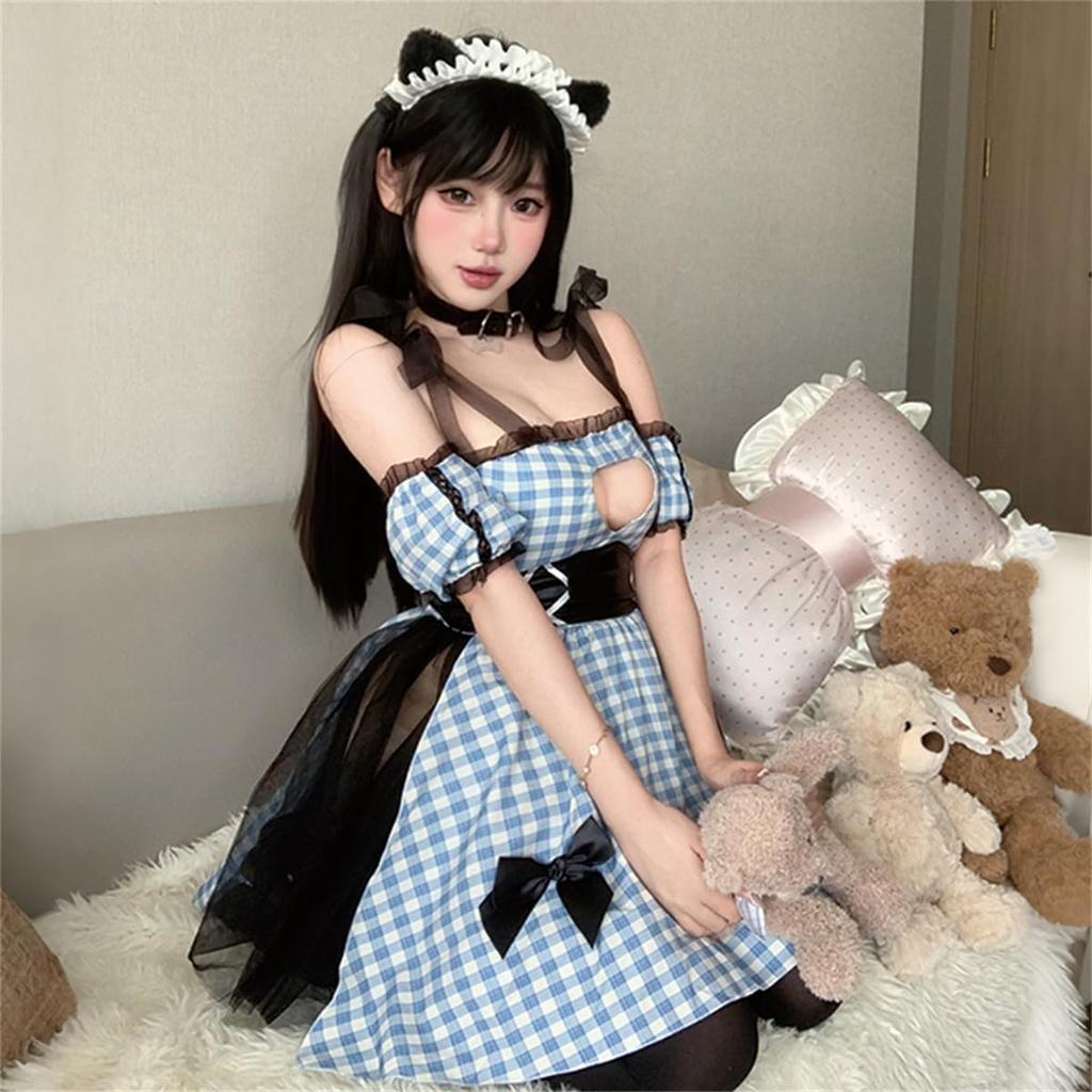 WhimsiNova Maid Costume Babydoll Halloween Popular Photo Shoot Gift 5-Piece Set, Sexy, Naughty, Open-Breasted, Sleeveless, Plaid, Lace, Costume, Cute,