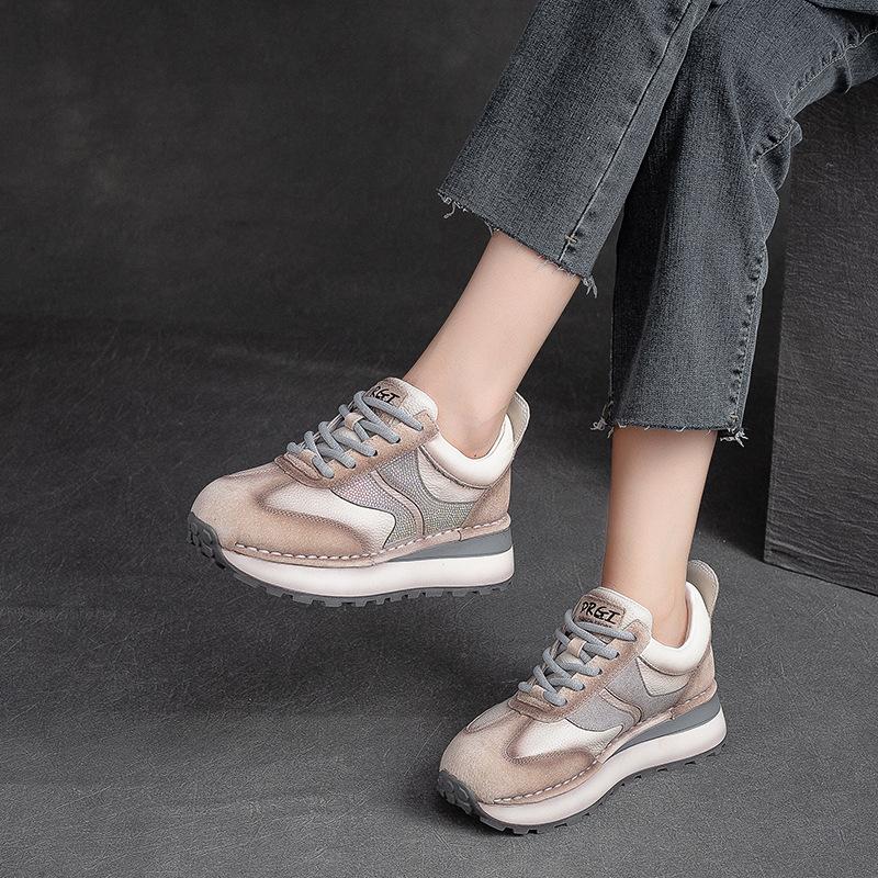Fashion 4cm Casual Autumn Spring Rhinestone Fashion Bling Wedge Mixed Color Shoes Genuine Leather Women Platform Chunky Sneaker 2024