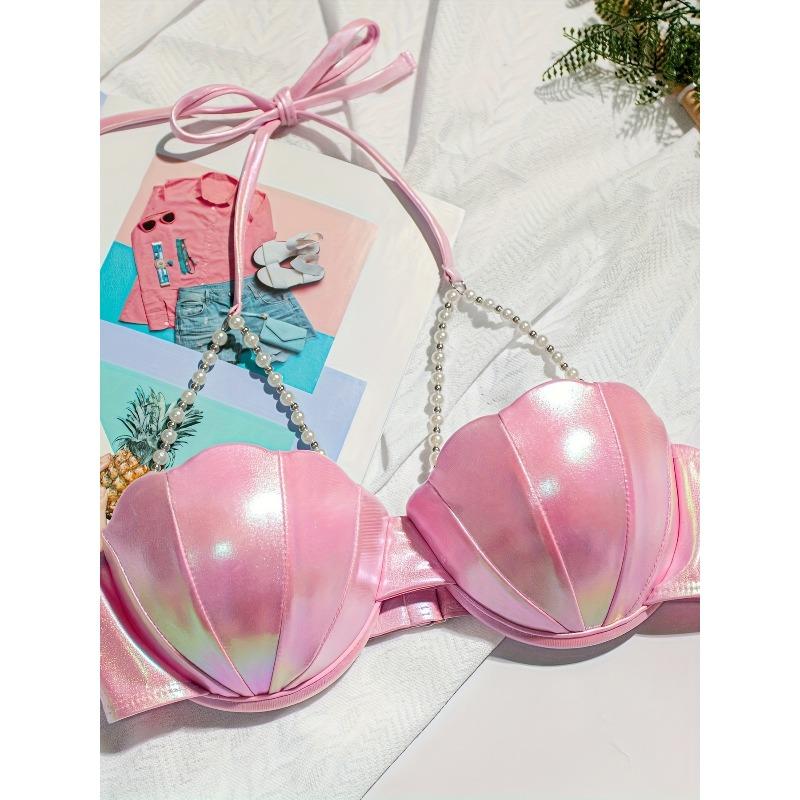 Sexy Petal Bikini Swimsuit Solid Color Petal Cup Pearl Chain Steel Band Bikini Top