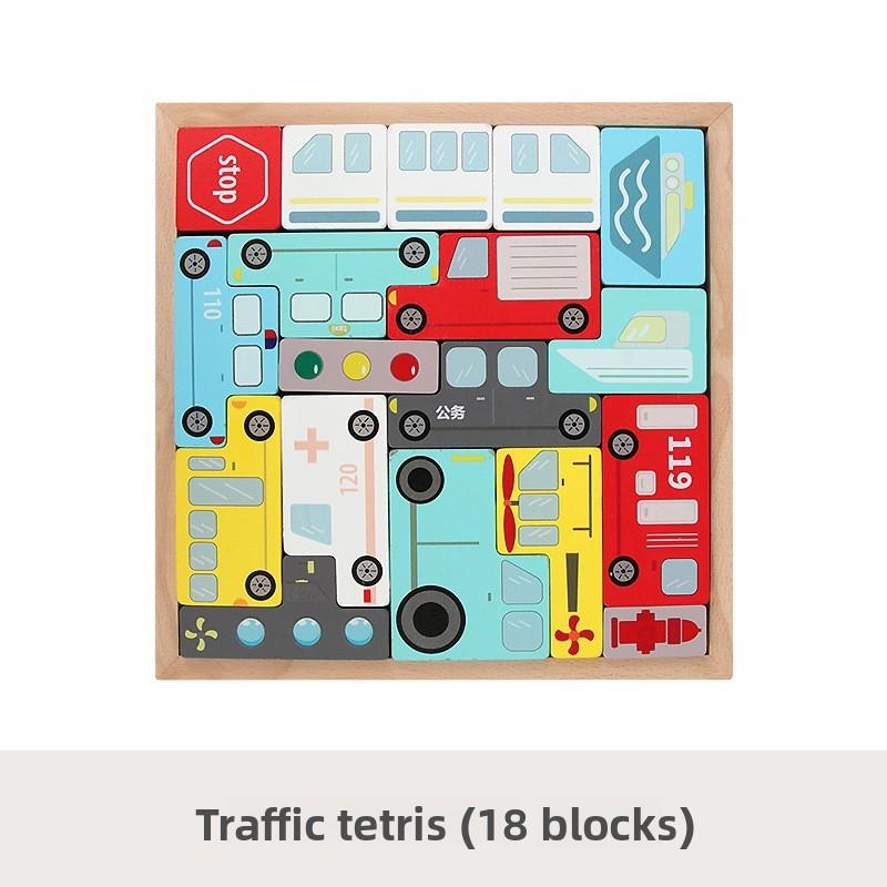 Toddler Wooden Puzzle Block With Traffic And Animal Shapes For Early Education Play