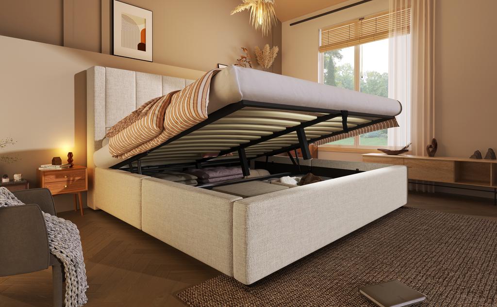 Upholstered Bed 140x200 cm Double with Hidden Cup Holder & Charging Station, Hydraulic with Storage Under the Bed, Linen Beige (Without Mattress)