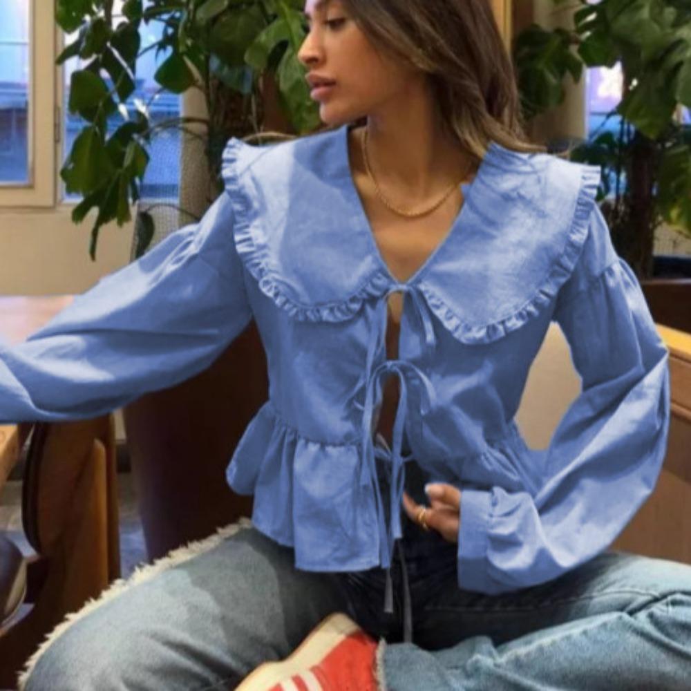 Spring new ins style simple fashion doll collar cotton long-sleeved shirt women's lace-up top Europe and America