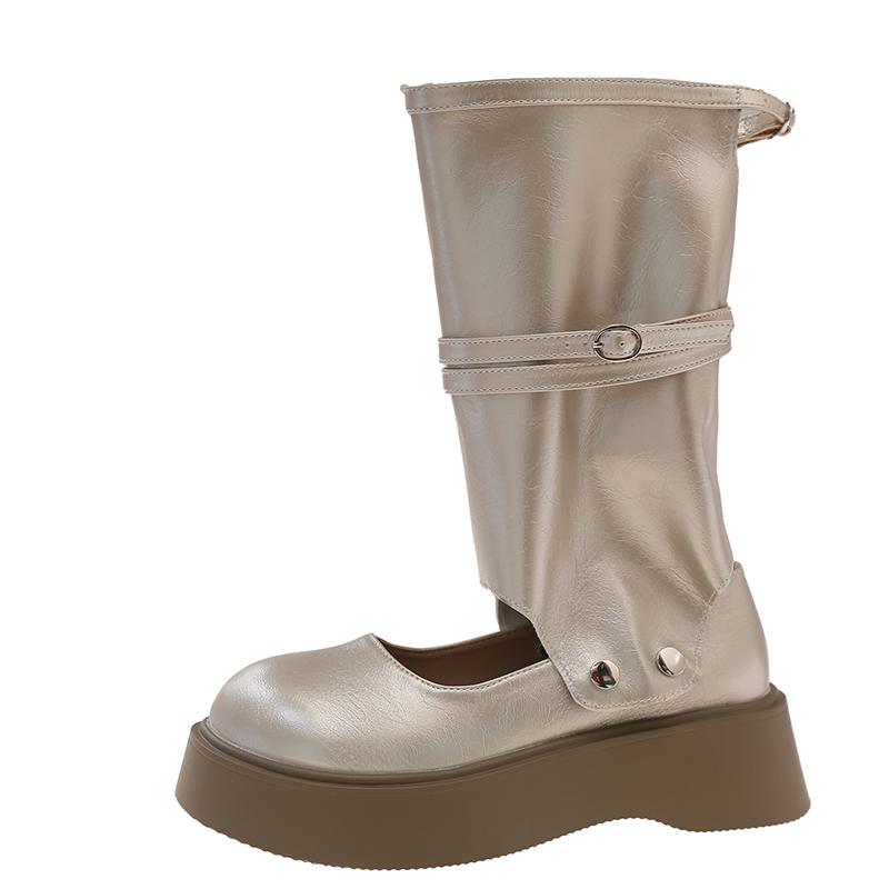 Fashion Two-wear Platform Single Shoes Autumn New Round Toe Shallow Socket Metal One-band Non-slip Wear-resistant Kitten Heel Shoes