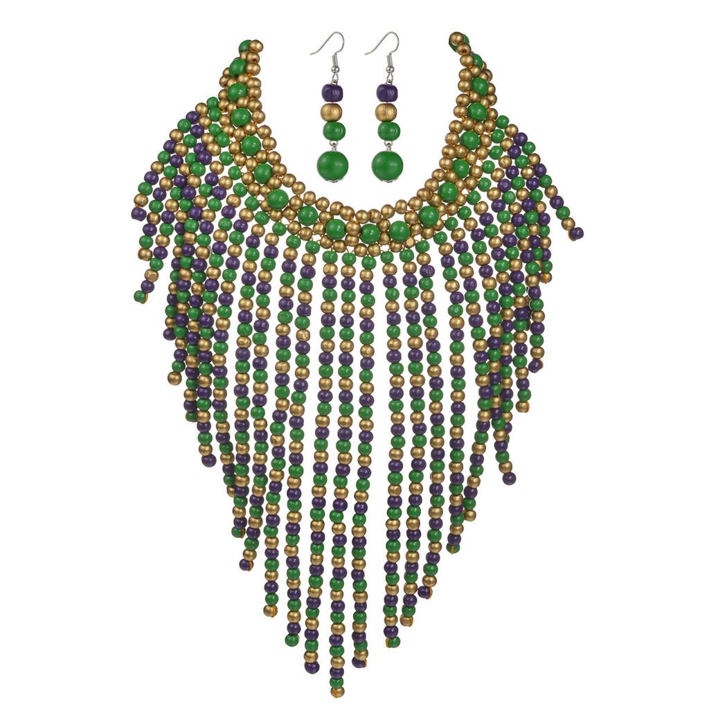Afrikanisches Schmuckset Bohemian Retro Ethno Handgefertigt Holz Gewebt Perlen Statement Halskette und Ohrringe Damen Party Zubehör