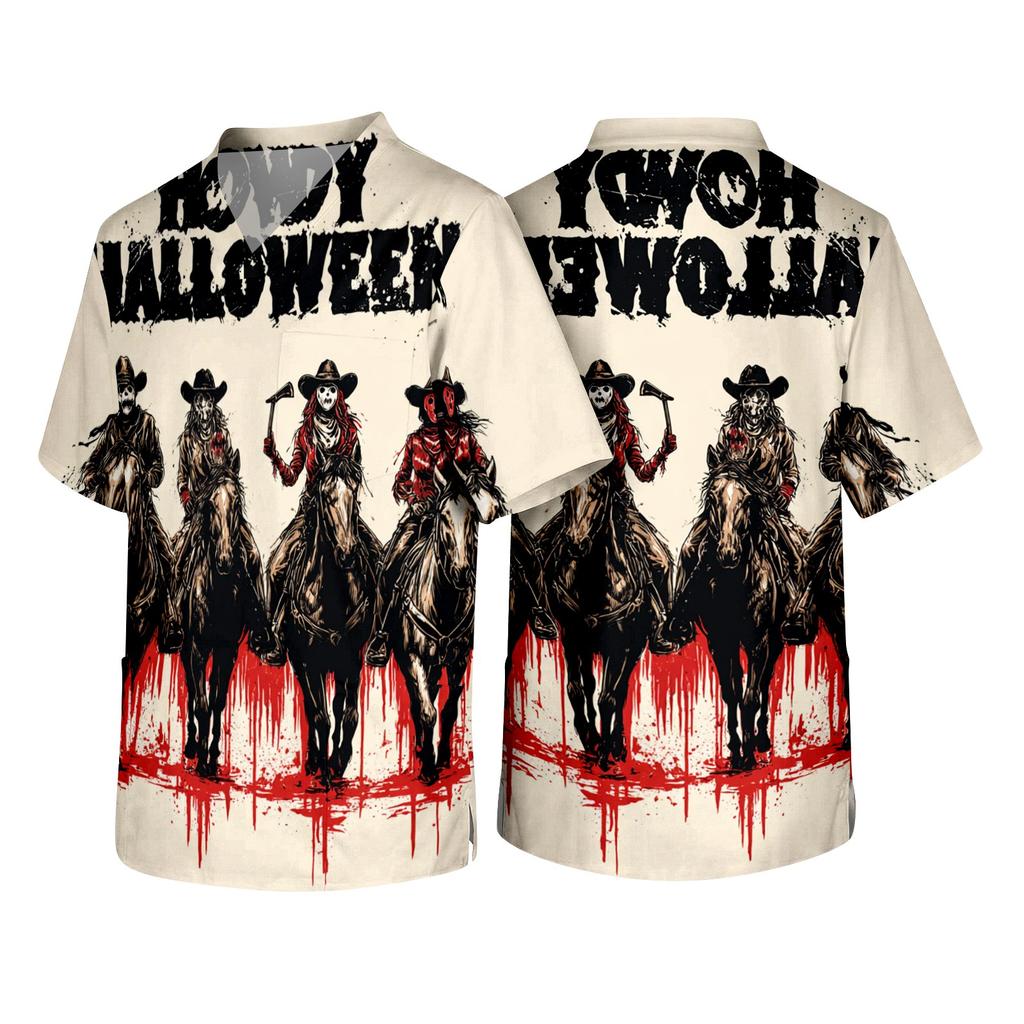 Men's Short Sleeve V Neck Halloween Print Chest Pocket Workwear Shirt with Cowboy Graphic Design for Casual Wear