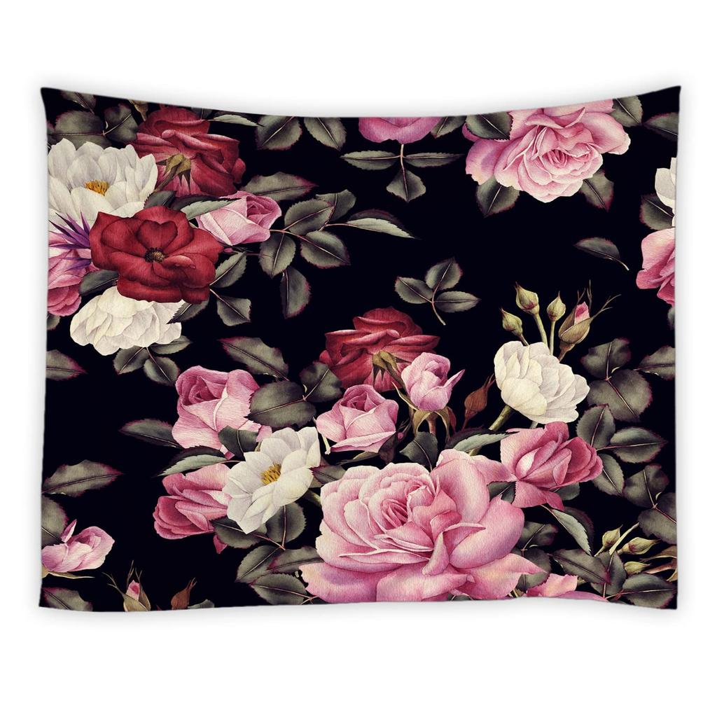 Black Floral Tapestry Retro Flower Bloosom Rustic Rose Watercolor Peony Vintage Boho Gothic Spring Plant Leaves Home Decor Wall
