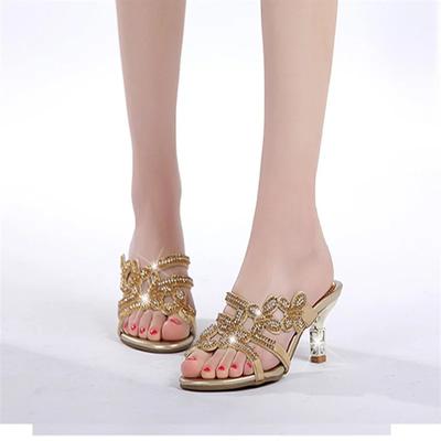 Fashion Summer Bohemian Mid-heel Diamond-encrusted Women's Sandals New Feminine One-line Shoes Noble Temperament Banquet Sandals