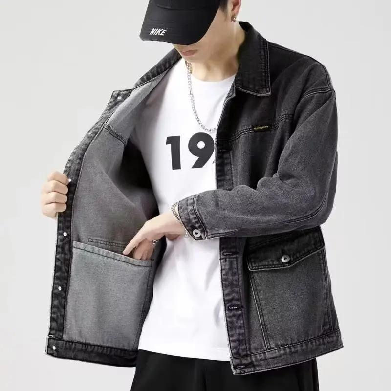 Giacca di Jeans Casual alla Moda da Uomo Autunno Primavera Tasca Colore Unito Cappotto Giacca di Jeans Larga
