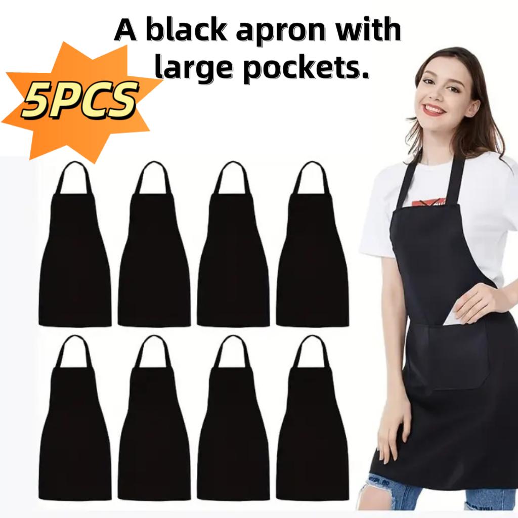 

5Pcs Black Aprons - with Large Pockets, Durable Polyester Fabric, Waterproof and Stain Resistant, Unisex Bbq Aprons, Suitable for Home, Work, OneSize
