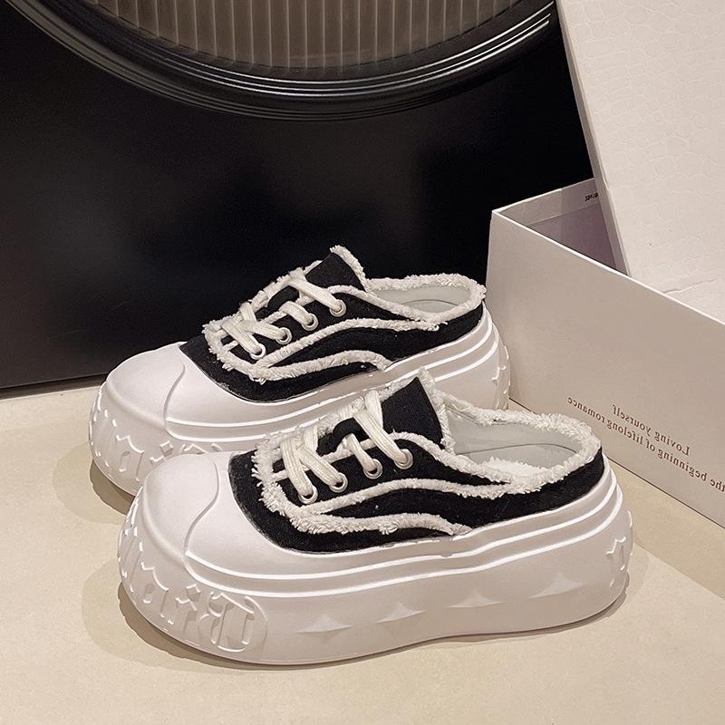 Denim Big Head Bread Shoes Muffin Thick-soled Bag Head Half Slippers Women Wear Small Height Increase Casual Half Slippers