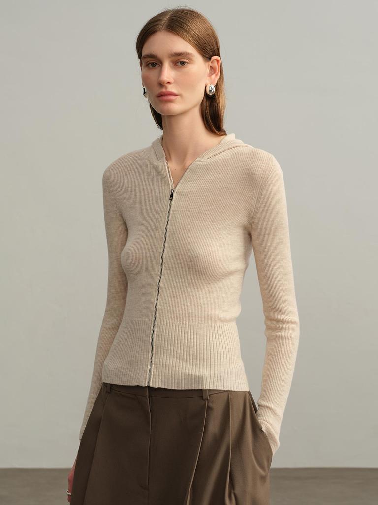 Yangzi Pure Wool Hooded Zip-Up Cardigan – European & American Style, Women's Autumn/Winter Slim-Fit Knit Sweater, Long-Sleeved