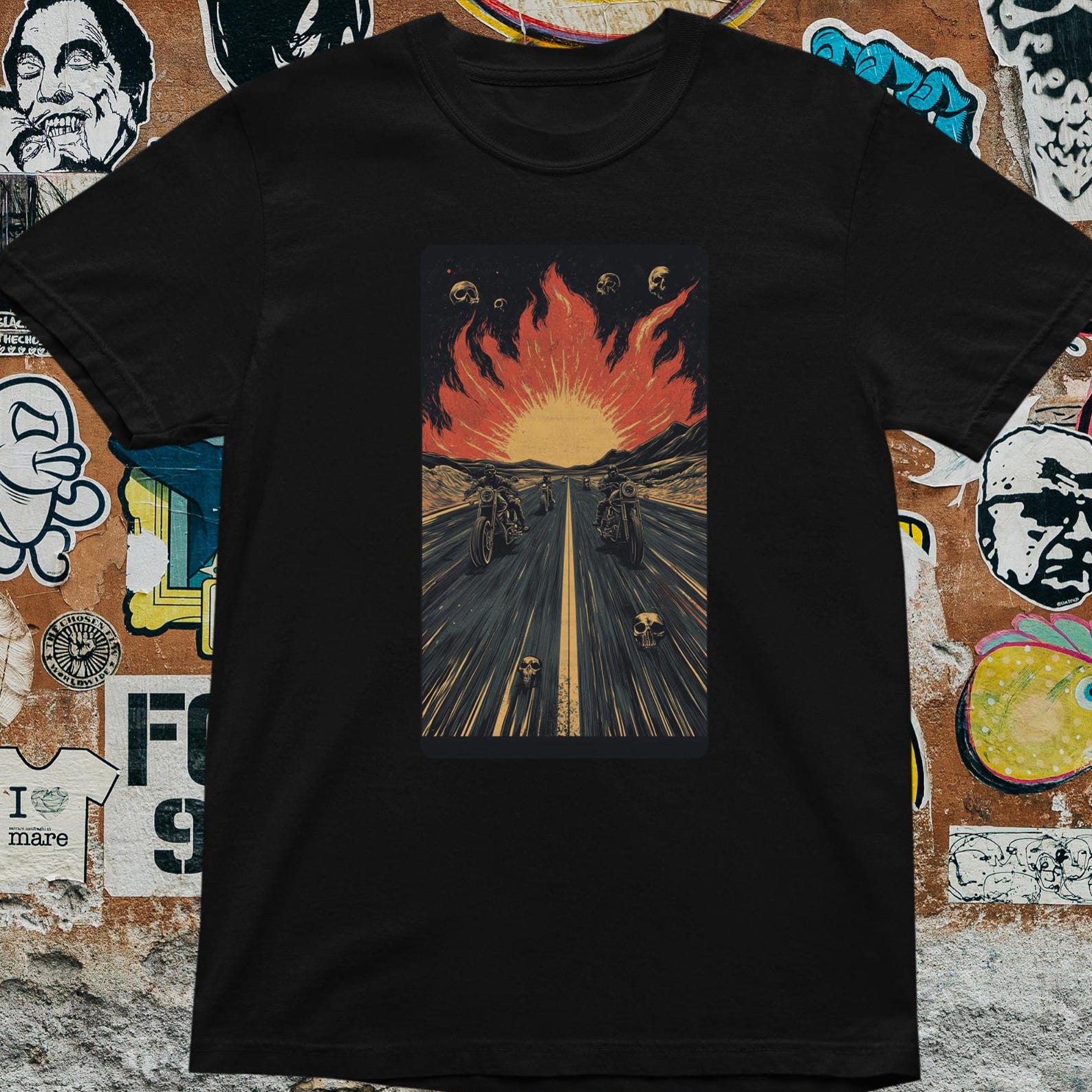 Biker Flame T-Shirt Gothic Motorcycle Rider Heavy Metal Dark Road Fire Skull L