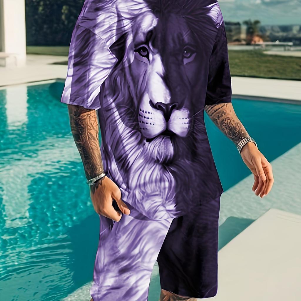 2PCS Plus Size Men's Summer Casual Suit Color Block Lion Print Short Sleeve T Shirt And Track Shorts Set Holiday Lounge Beach Sports Suit