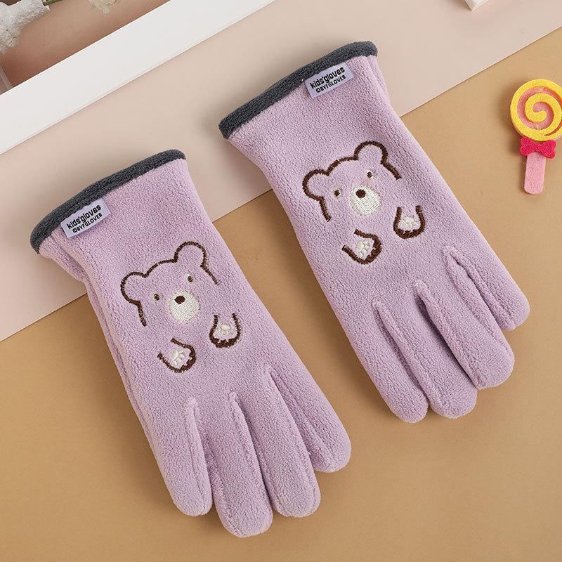 Gants pour enfants hommes et femmes ours de dessin animé brodés automne et hiver extérieur équitation patin à roulettes velours coupe-vent gants chauds