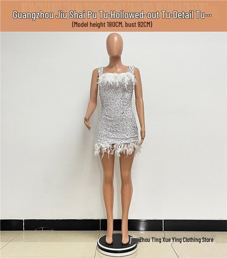 European & American Women's Summer Sequin One-Shoulder Backless Beach Dress - Hot Girl Feather Bodycon Style