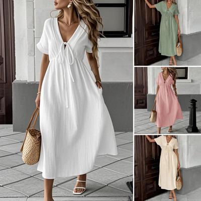 Women Dress V-neck Lace-up Short Sleeve High Waist Midi Dress Solid Color Flowy Hem Casual Dress Daily Wear