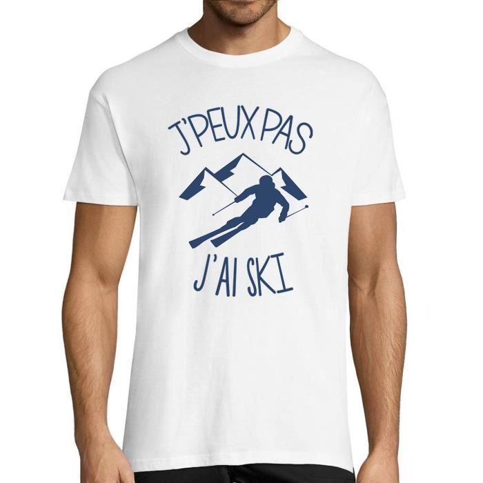 T-shirt Homme - J'peux pas j'ai Ski - Blanc - Manches courtes - Multisport - Humour Drôle