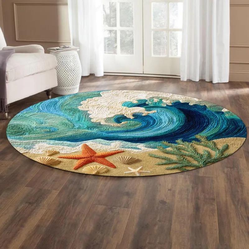 Zeestrand Serenity Cirkelkleed Dynamische Blauwe Golven die Neerslaan op Warm Zandstrand Zeesterren Schelpen Kustvloerkunst Woonkamer