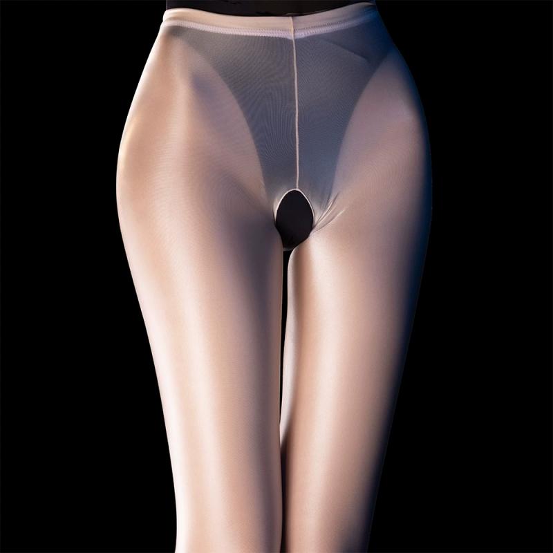 Women Sexy Open Crotch Tights 1 Oil Shiny Glossy Satin Low Waist Pantyhose Pole Dance Clubwear Plus Size Lingerie