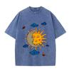 Women's Moon and Sun Printed T-shirt Oversized Short Sleeved Retro Washed Shirt Summer Top