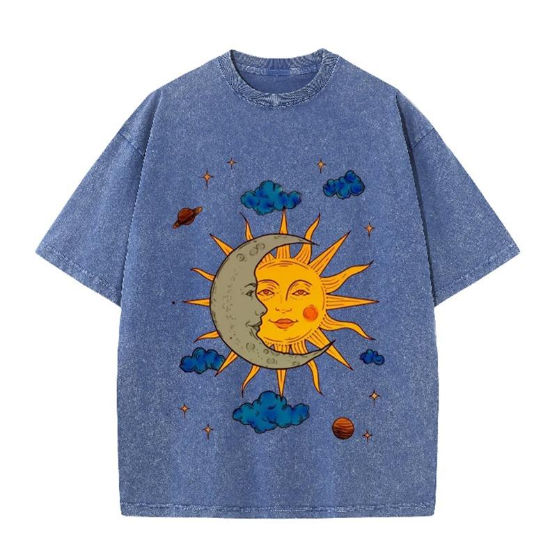Women's Moon and Sun Printed T-shirt Oversized Short Sleeved Retro Washed Shirt Summer Top