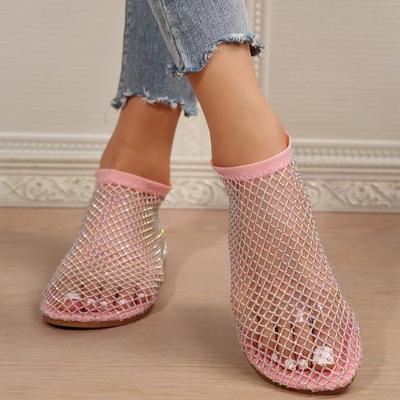 Women's New Luxury Brand Round Toe Flat Bottom Sandals Hollow Short Boots Water Diamond Sexy Flat Bottom Shoes 35-44