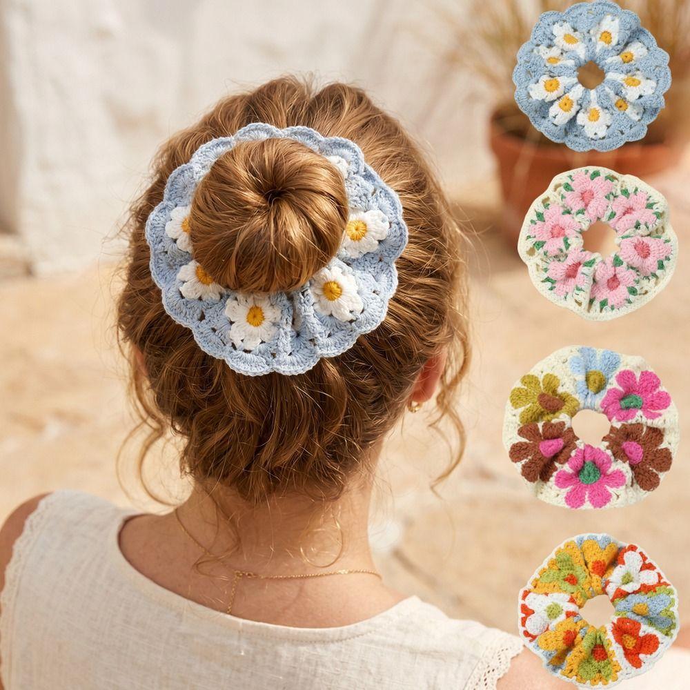 Bohemian Style Knitted Hair Rope Flores Ponytail Hair Band Crocheted Flower Scrunchies  Women