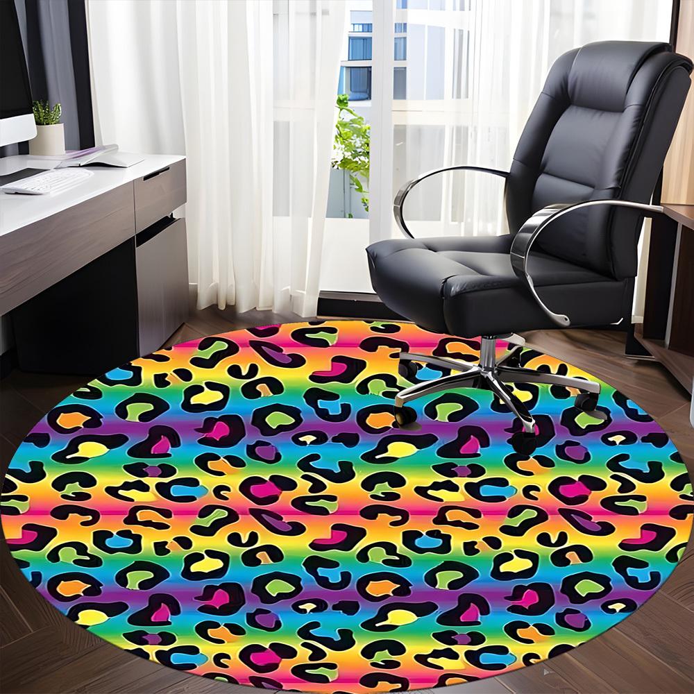 1pc Rainbow Leopard Print Chair Carpet for Office, Round Polyester Mat, Indoor Decor for Office, Easycare Fabric, Washable Non-slip Area Carpet
