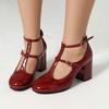 New Mary Jane Shoes High Quality Leather Shoes Shallow Round Toe Womens Chunky Heels Buckle Strap Women's Pumps Plus Size 43