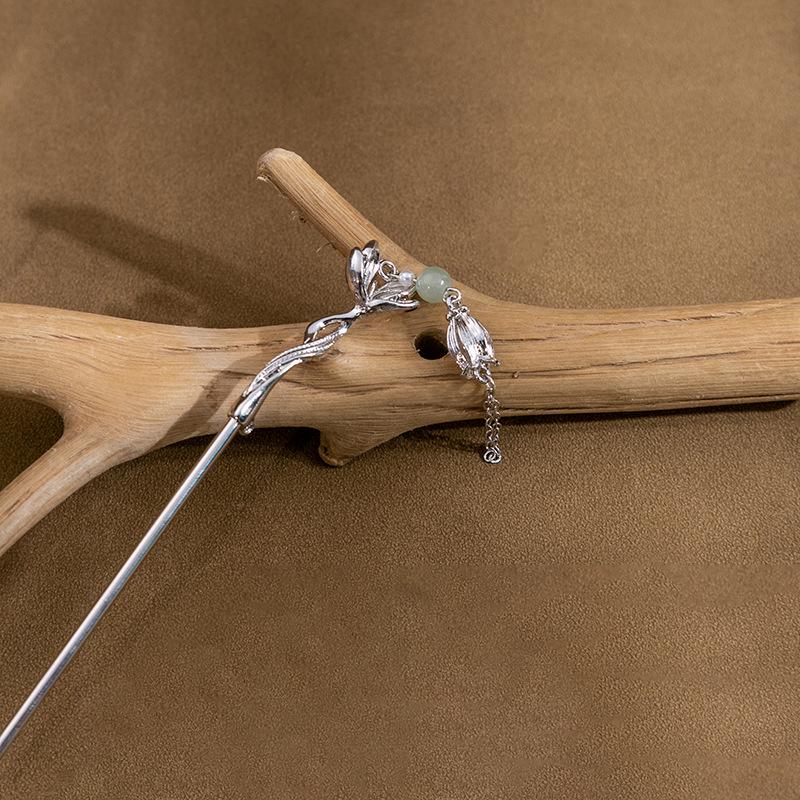 National Tide New Chinese Hairpin Liquid Metal Butterfly Hairpin Crescent Set Diamonds Vintage Bamboo Joints Tassel Hairpin Coiffure Hairpin