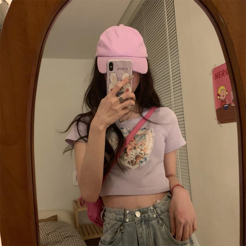 

Летний женский облегающий кроп-топ в корейском стиле - С короткими рукавами, с высокой талией, модный студенческий стиль Large фиолетовый