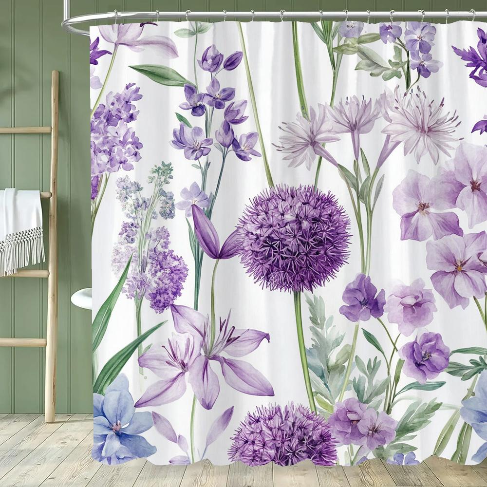 1PC Purple Flowers Shower Curtain,  Watercolor Floral and Plants Bathroom Decorative Curtain,Polyester Home Curtain with Hooks