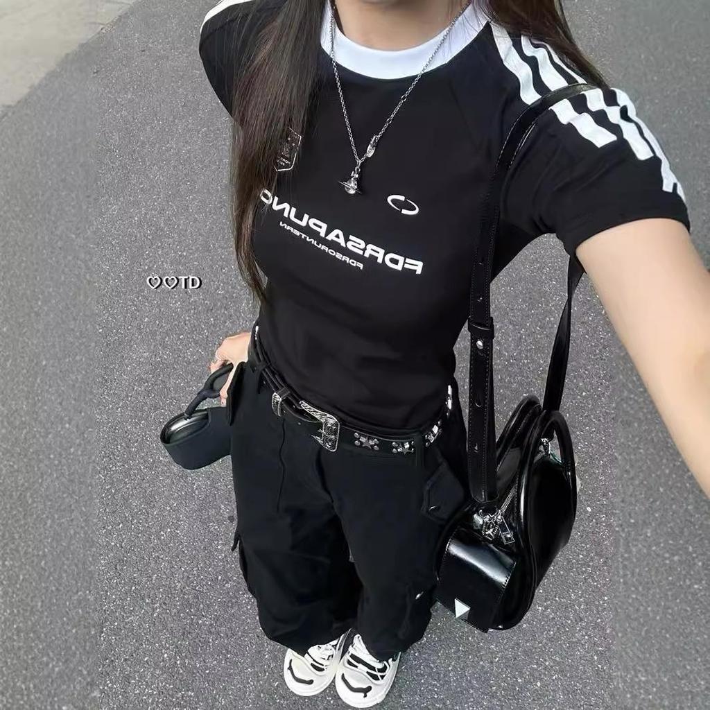 Women's American Retro Stripe Slimming T-Shirt - Short Sleeve, Summer 2025 Collection