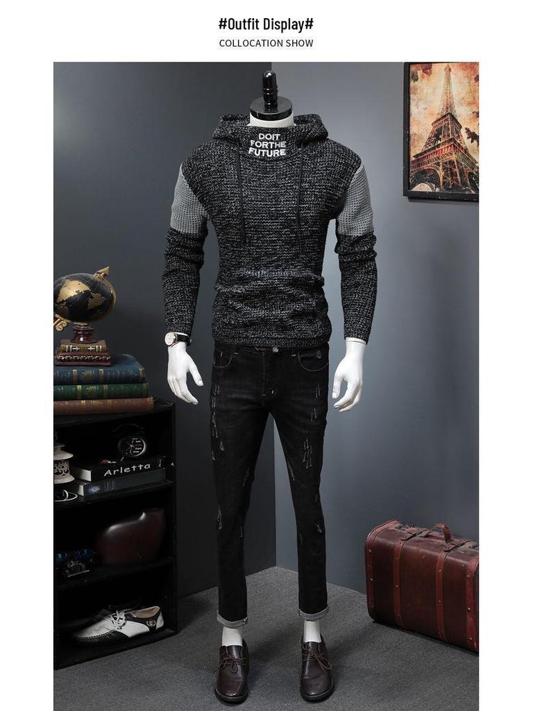 Herren Koreanischer Stil Slim Fit Rollkragen Kapuzenpullover Mantel - Jugend Winter Dicke Strickware