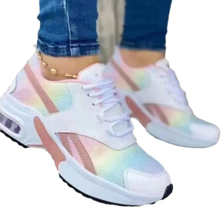 Plus Size Women's Low-Top Mid-Heel Mesh Casual Sneakers with Round Toe and Lace-Up Design - European and American Style