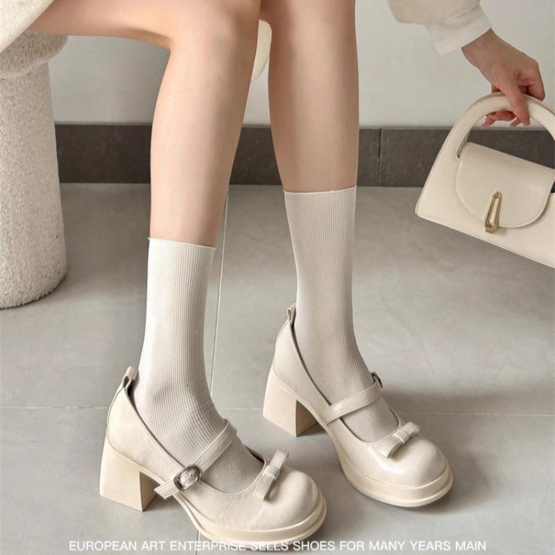 Soft leather version~ with skirt white Mary Jane small leather shoes women's 2025 spring French bow thick heel high heels
