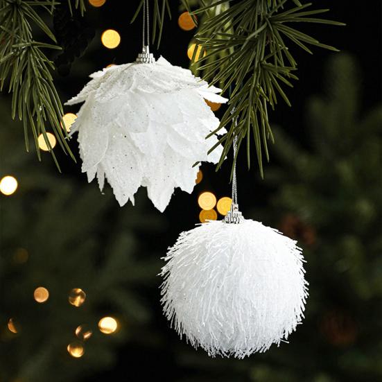 8CM White Foam Christmas Ball Ornament Snowy Holiday Decoration Lightweight Sequin Xmas Tree Hanging Pendant for Home New Year