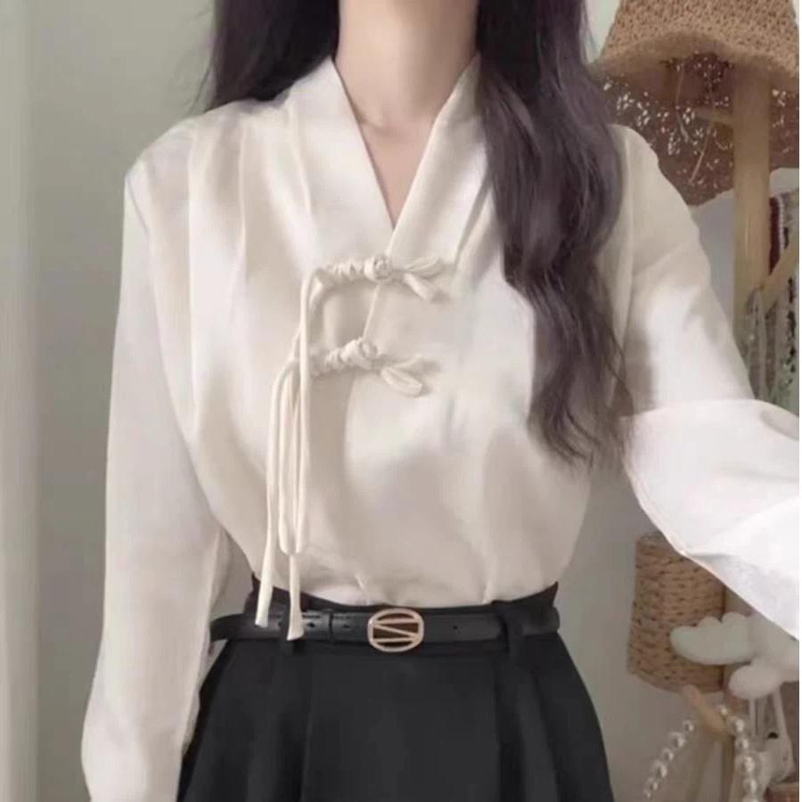 New Fashion Long Sleeve V-Neck Blouse Women Blusas Mujer De Moda Chinese Style White Women Blouse Shirt Women Tops Popular