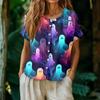 Women's Fashion Henley Neck Single Breasted Halloween Print Shirt Short Sleeve Casual Blouse Lightweight Button Down Top